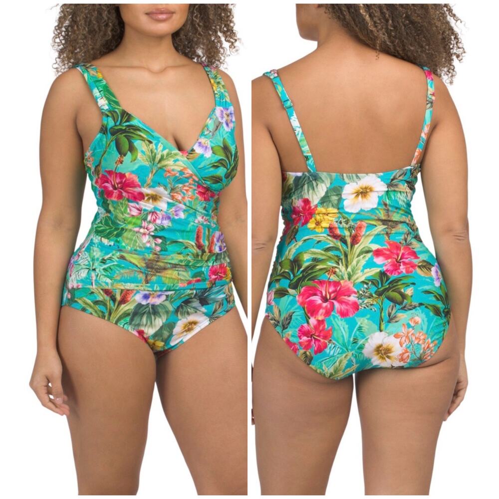Jantzen NWT V-Neck Draped Tummy Control Swimsuit Wireless Bra Size 10 Adjustable